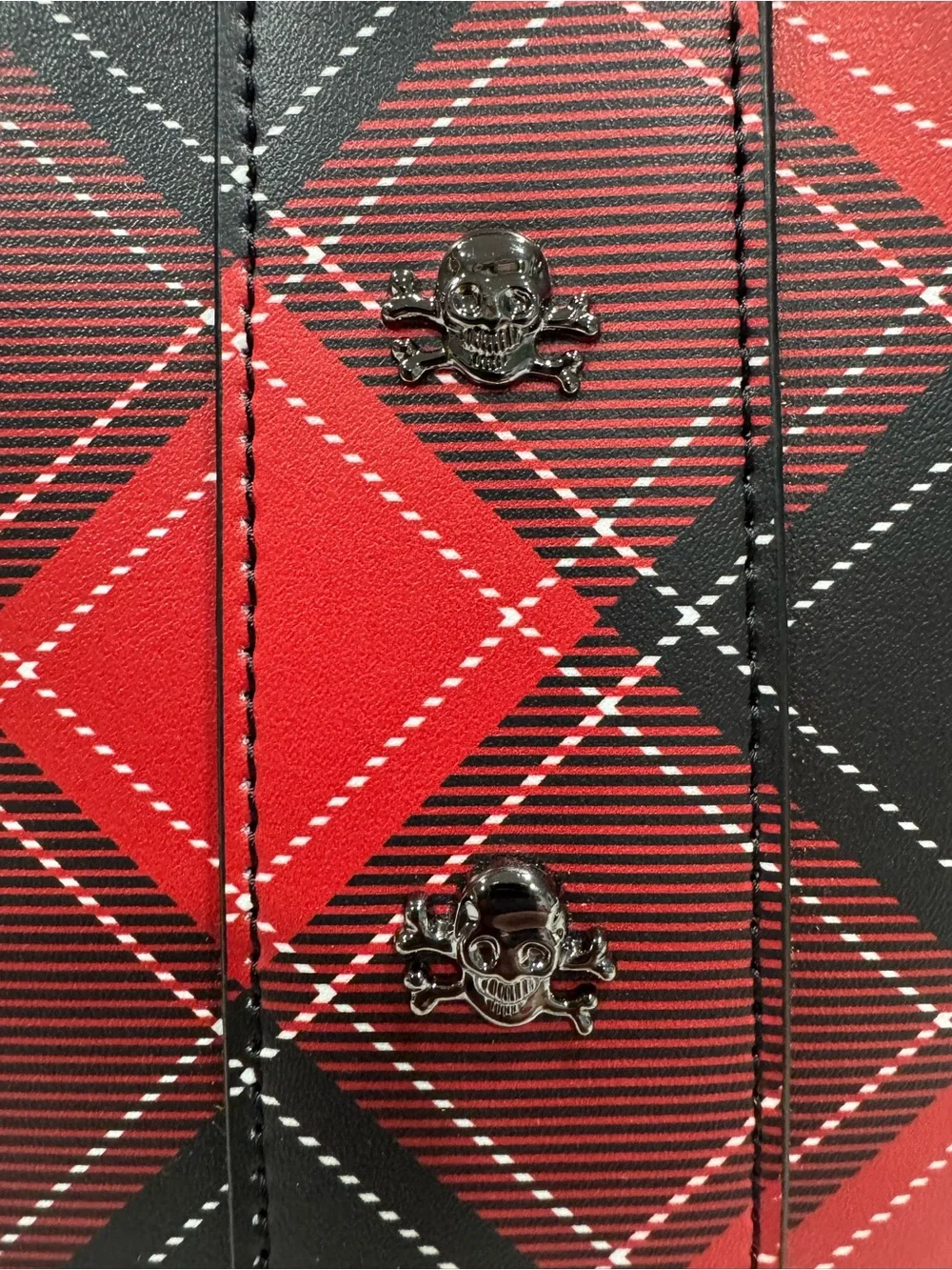 Betsey Johnson Red Plaid Tote Bag with Skull Accent and Black Fur Charm